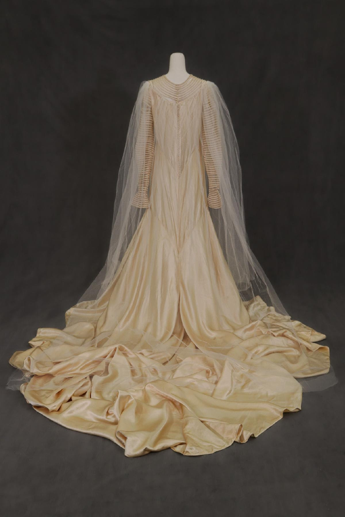 Clothing and Textiles Bias Cut Silk Wedding Gown with Six Foot