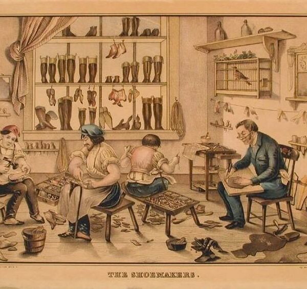 The image is The Shoemakers, printed by E.B. & E.C. Kellogg, lithograph, c. 1855-1856 - Connecticut Historical Society