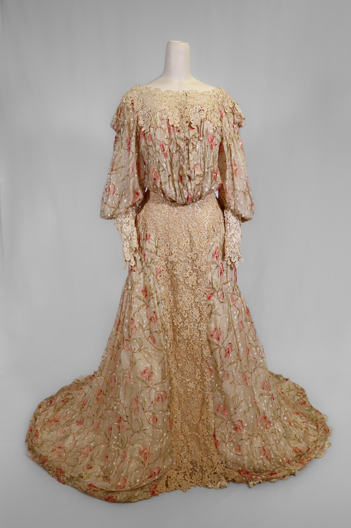 Exquisite 1870s Court Dress with Floral Embroidery