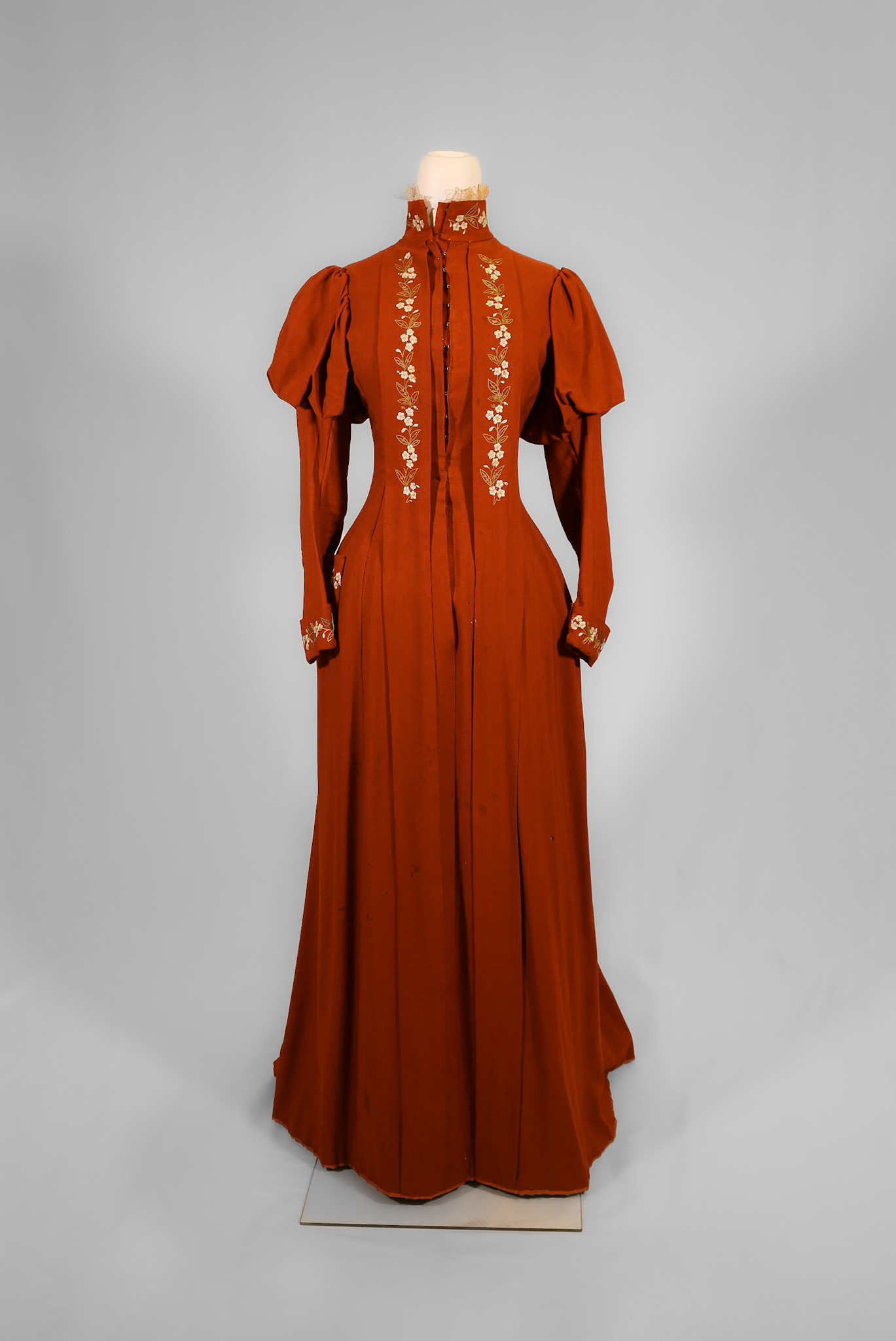 Clothing and Textiles: Scarlet Wool Dress with Puffed Shoulders and Flower  Embroidery c. 1880s - New Canaan Museum and Historical Society