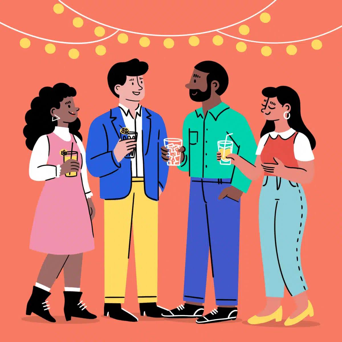 Illustration of guests enjoying a wine tasting under string lights.