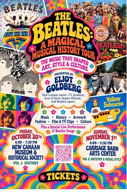 Flyer for The Beatles: A Magical Musical History Tour with Eliot Goldberg, both event dates, and a ticket QR code