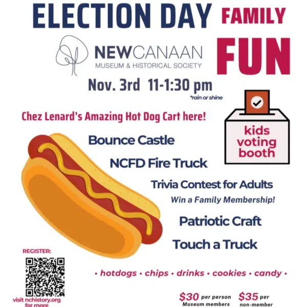 Election Day Family Fun flyer: November 3, 11:00 AM–1:30 PM, with Chez Lenard hot dogs, children's activities, and museum tours.